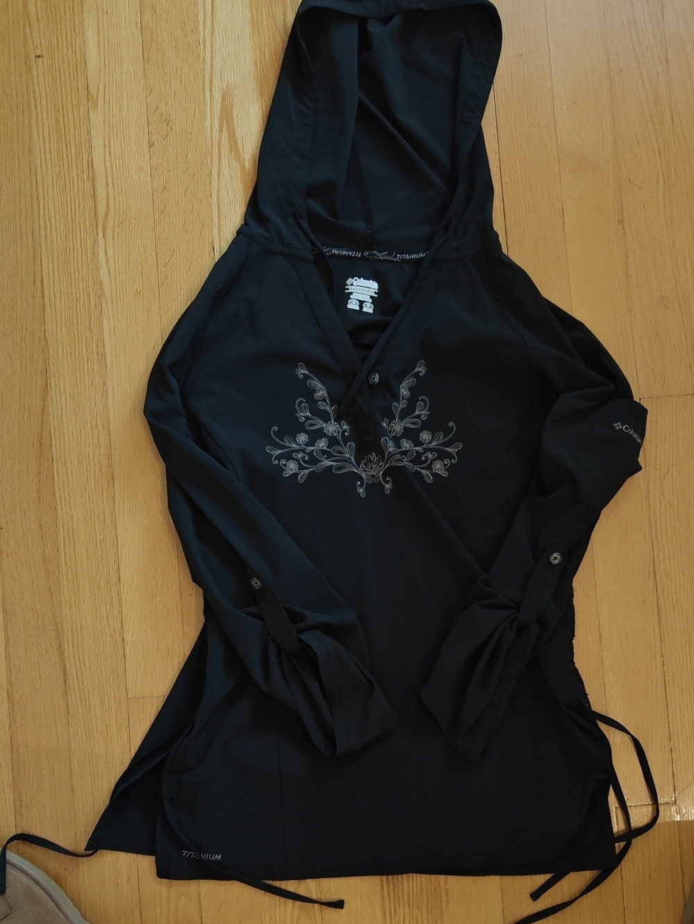 Columbia Black Hooded Tunic with Embroidered Front